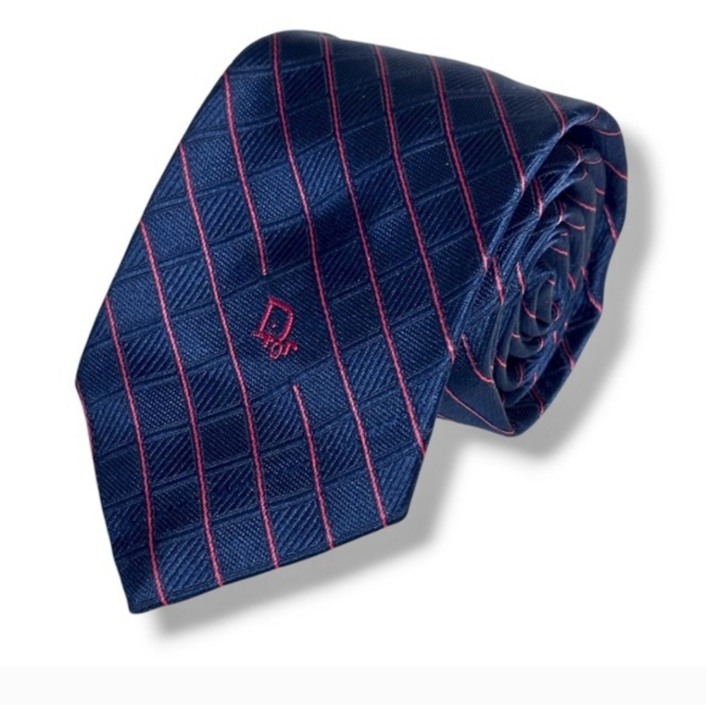 CHRISTIAN DIOR  Logo Navy & Red Woven Diamond Pattern Tie VINTAGE